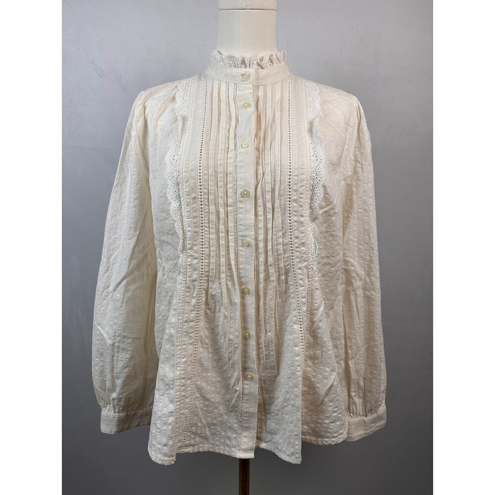 LOFT Women’s M Ivory Lace Ruffle Blouse Pintuck Victorian Cottagecore Button Up